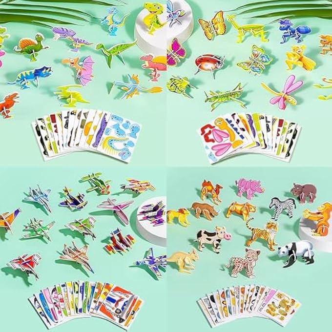 4 SET EDUCATIONAL 3D CARTOON PUZZLE, 3D CARTOON PUZZLES, ANIMALS, DINOSAURS, AIRPLANES, INSECTS 3D PUZZLES, GOOD GIFTS FOR BOYS & GIRLS - Image 1